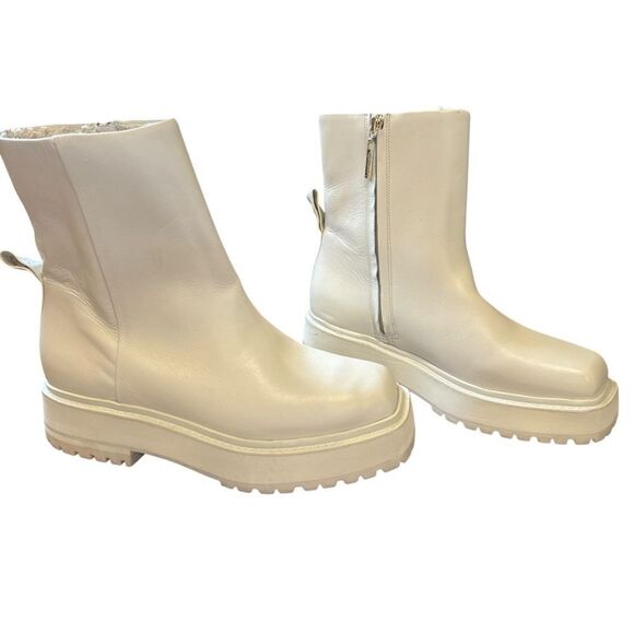 Revolve Larroude Hailey Square Toe Ivory Block Heel Leather Booties - Picture 3 of 10